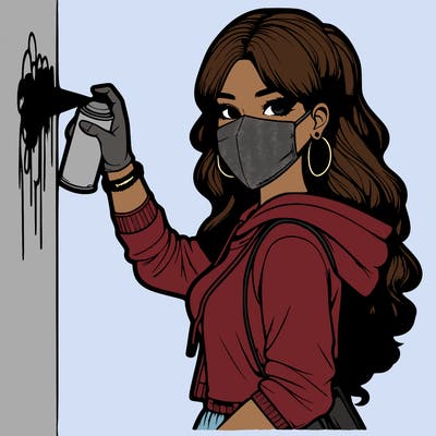 realistic girl with mask spray painting a wall