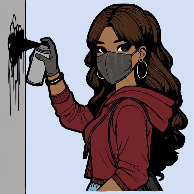 realistic girl with mask spray painting a wall