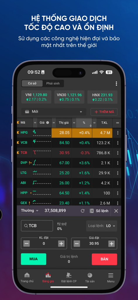 Mobile interface of the TCInvest app displaying a real-time Vietnamese stock market price list and trade execution buttons for buying and selling.