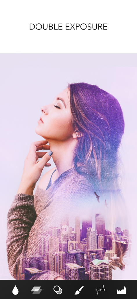 A double exposure photo effect combining a portrait of a woman with a city skyline using PICSPLAY Classic editing tools