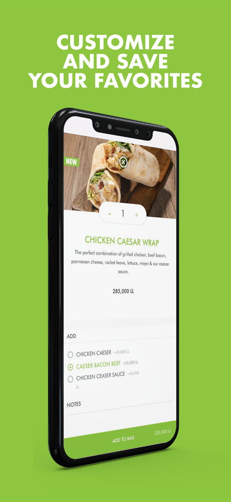 Pantalla de la aplicación Zaatar w Zeit que muestra un Wrap de Pollo César con opciones para personalizar y añadir ingredientes extra