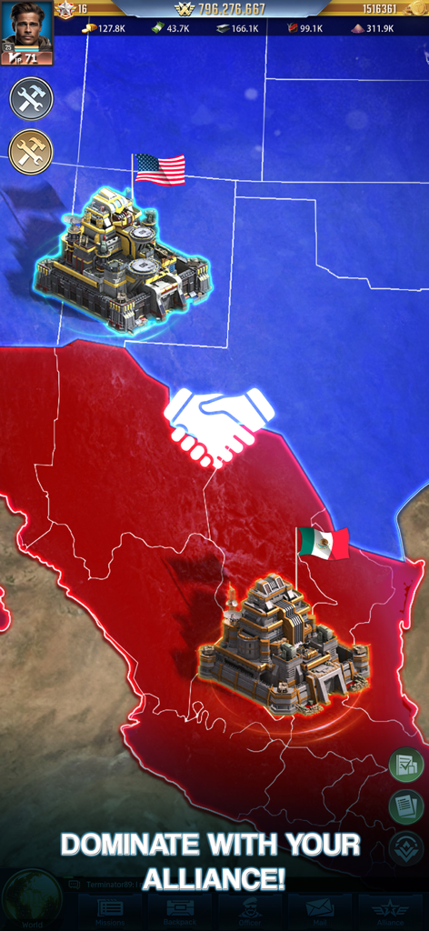 Eine taktische Karte, die militärische Allianzen zwischen Basen im Strategiespiel The Grand Frontier zeigt