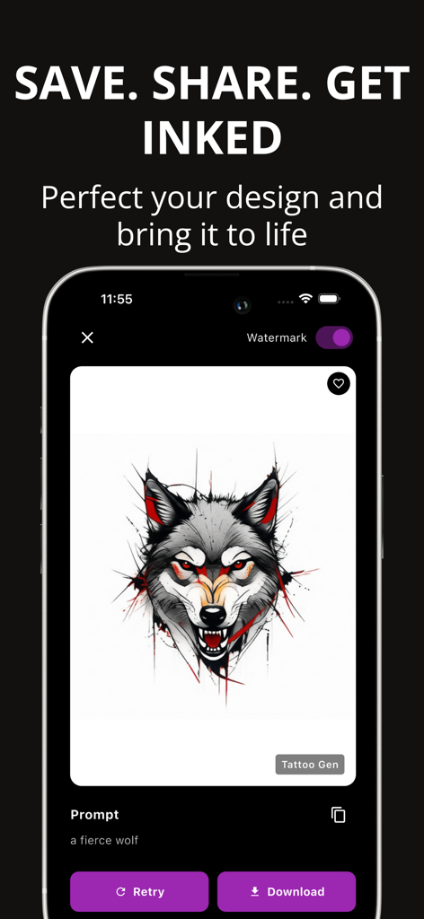 Tattoo Design - Tattoo Editor - AI-generated fierce wolf tattoo design displayed in the tattoo editor app interface