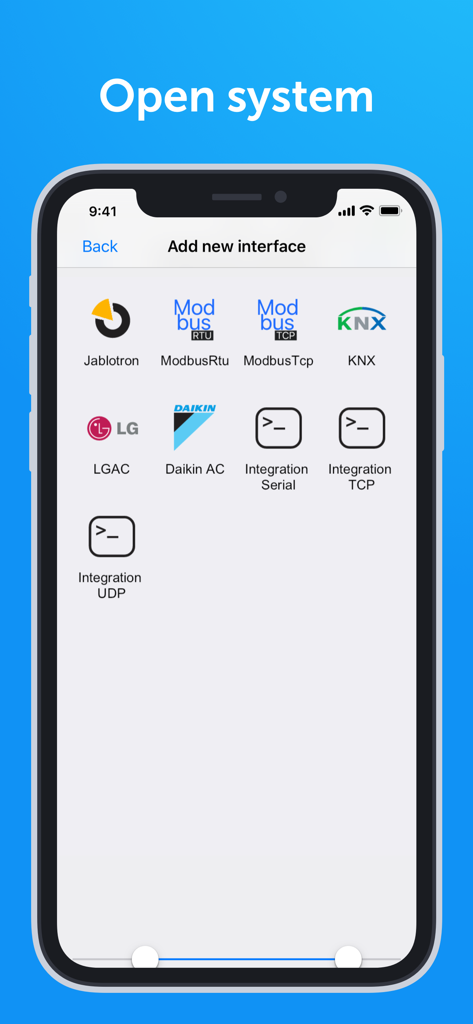 TapHome Official Smart Home - TapHome smart home app interface showing integration options for Modbus KNX LG and Daikin systems