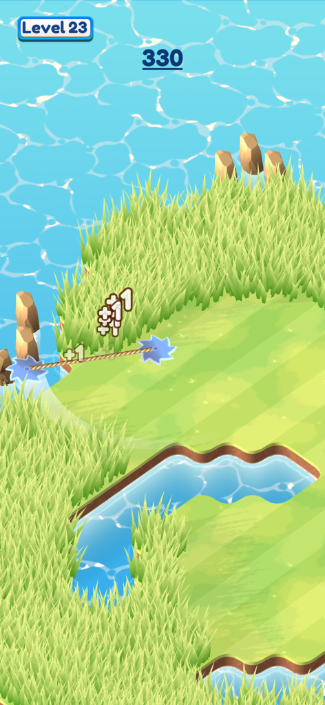 Gameplay of Grass Cut mobile game showing spinning blades trimming tall grass on a green island near water