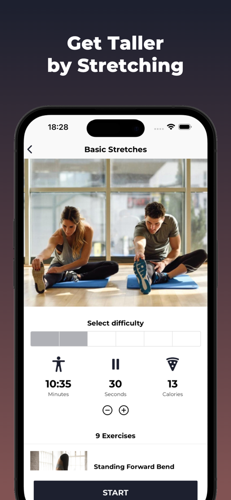 Increase Height Workout - 身長を伸ばすワークアウトのためのモバイルアプリインターフェイス、基本的なストレッチエクササイズと、期間や消費カロリーなどのワークアウト統計を表示