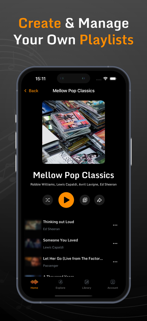 Music X app screenshot showing mellow pop classics playlist and playback controls