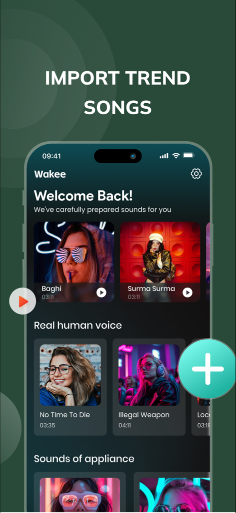 Wakee app interface showing trend songs import and sound categories