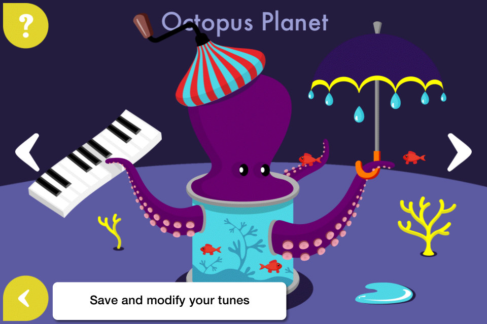 Music4Kids Lite - Learn, create and compose music through play - A purple octopus character holding a musical keyboard in the Octopus Planet section of Music4Kids Lite.