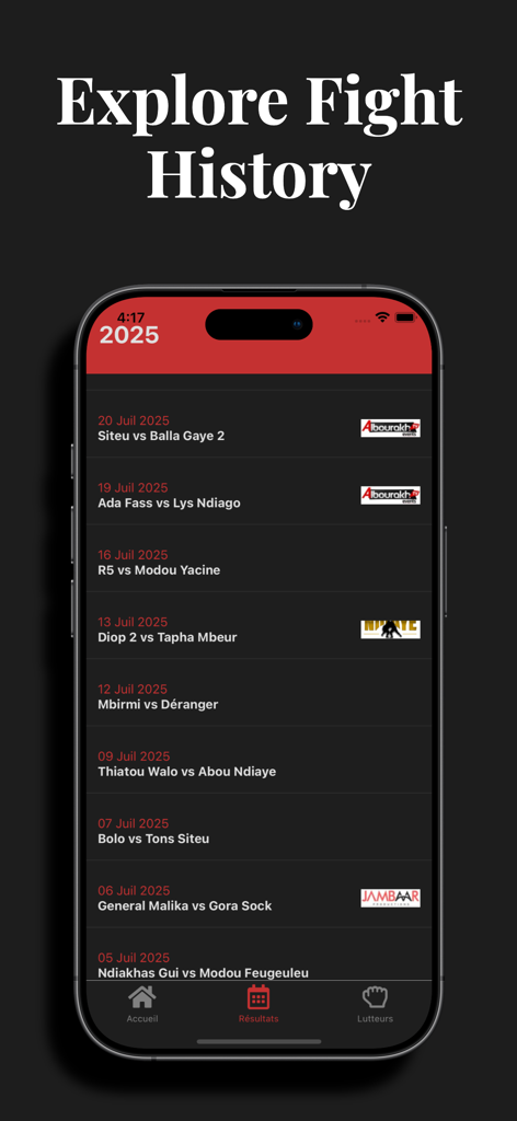 Lamb Arena - Smartphone screen displaying a chronological list of Senegalese wrestling match results in the Lamb Arena app.