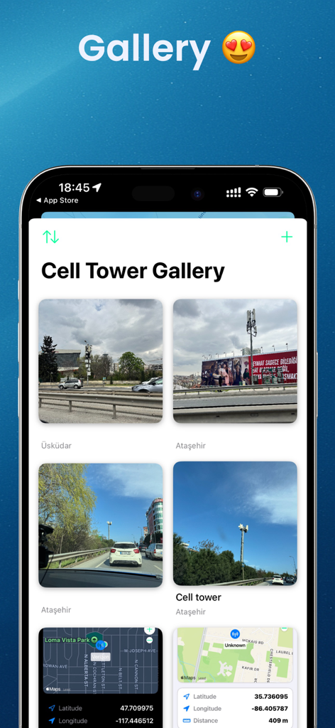 Cell Tower Locator Open Signal - App interface showing a gallery of cell tower photos with location details and maps.