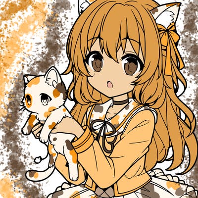 an anime girl holding a kitten