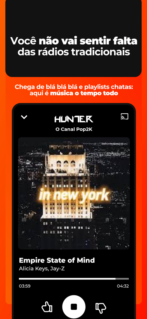 Interface do aplicativo de rádio Hunter.FM mostrando o canal Pop2K tocando Empire State of Mind de Alicia Keys
