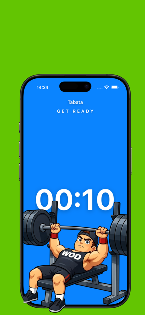 Tabata Workout Countdown-Bildschirm in der Qrep App mit einem Cartoon-Athleten beim Bankdrücken.