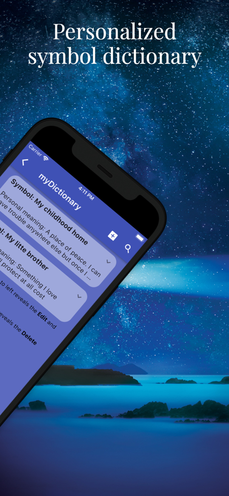 Dream Keys - Un teléfono inteligente que muestra una función de diccionario de símbolos de sueños personalizados con significados personalizados para símbolos como casa de la infancia y hermano.