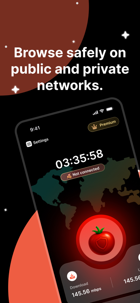 Tomator VPN mobile app interface showing secure browsing features and download speed