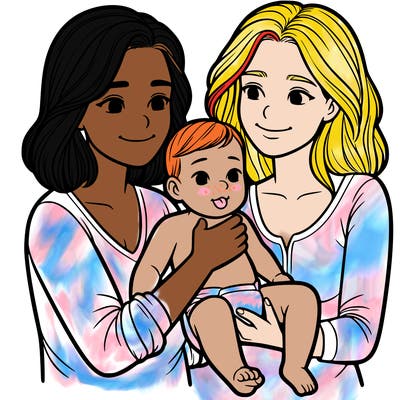two realistic women holding one baby together