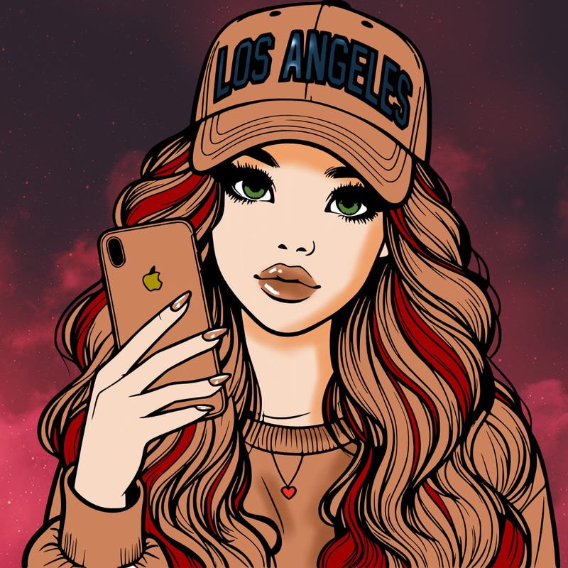 realistic beautiful girl wearing los ángeles cap holding an iphone