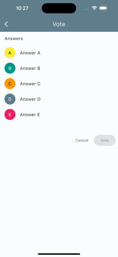 eduVote - 실시간 설문조사를 위한 A부터 E까지의 객관식 답변 옵션이 표시된 eduVote 앱 인터페이스