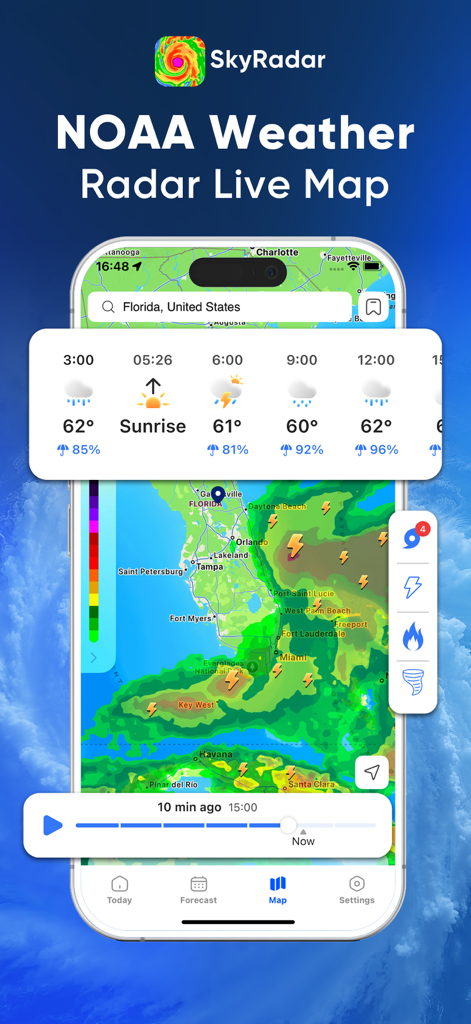 SkyRadar App-Oberfläche, die eine Live-NOAA-Wetterradarkarte von Florida und eine stündliche Vorhersage zeigt