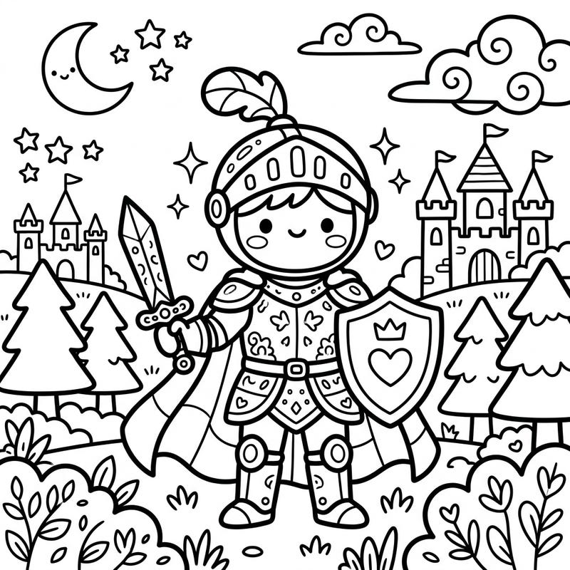 Gallop into a world of cuteness with this adorable Kawaii Knight Errant coloring page, ready for a heroic adventure. This charming illustration is perfect for anyone who loves medieval tales blended with sweet, Japanese-inspired artistry.