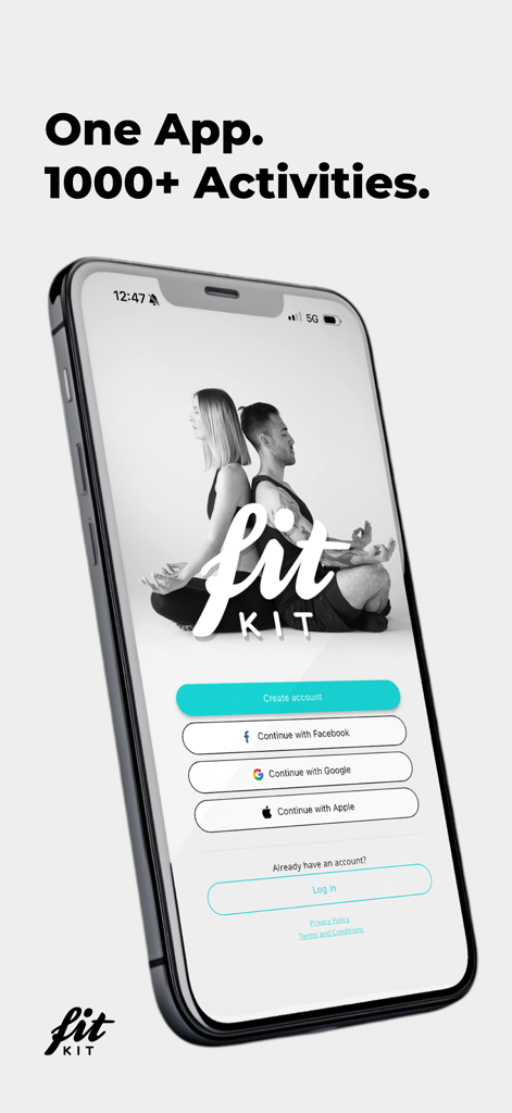 FitKit app login screen on a smartphone featuring a yoga pose and signup buttons