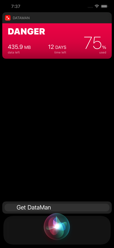 DataMan - Data Usage Widget - DataMan data usage danger alert displayed via Siri shortcut on an iPhone screen