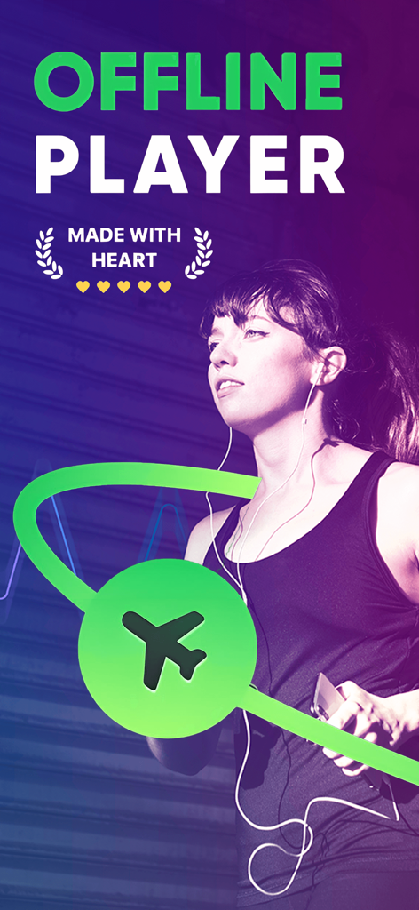 Dig Music-Offline Music Player - A woman jogging with headphones showcasing the Dig Music offline player feature with an airplane mode icon