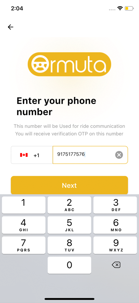Ormuta ride-hailing app login screen asking to enter a phone number