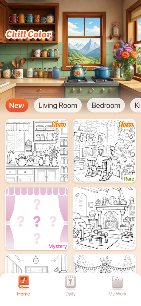 Chill Color - Paint by Number - Tela inicial do aplicativo Chill Color com modelos de colorir de design de interiores aconchegantes e uma ilustração finalizada de cozinha.