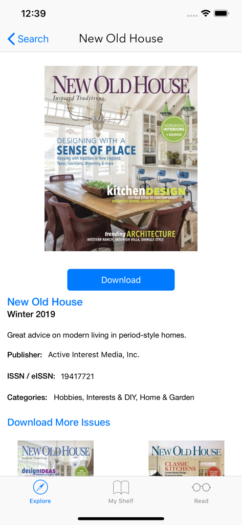 Flipster app interface showing the New Old House magazine cover and download option