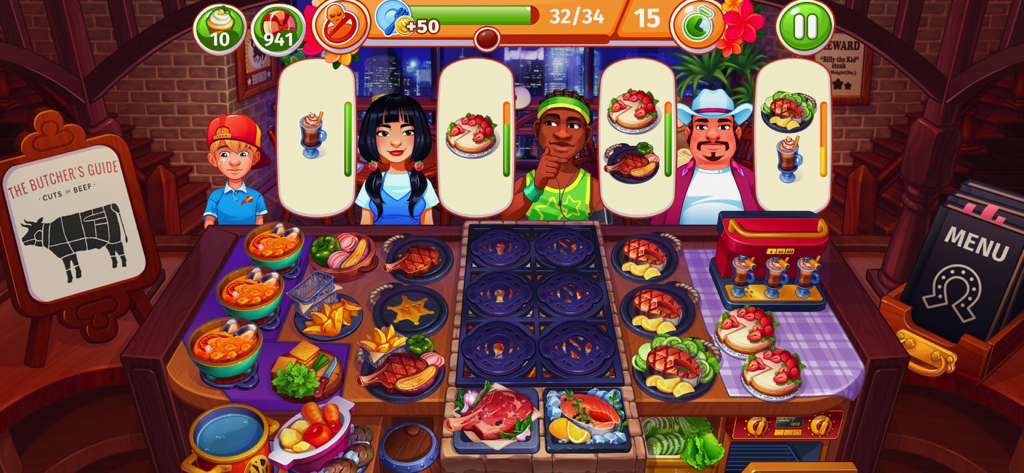 Gameplay of Cooking Craze Restaurant Game featuring a Western-themed steakhouse kitchen with diverse customers and various dishes