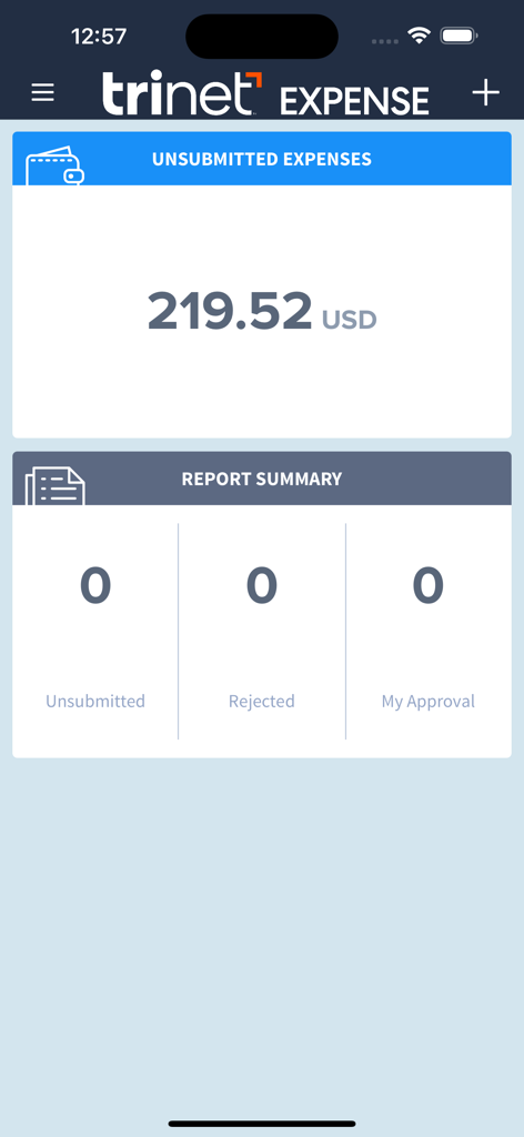 TriNet Expense mobile app dashboard showing unsubmitted expenses amount and report summary status