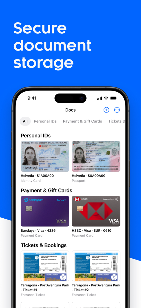 Folio: Digital Wallet App - Interfaccia dell'app Folio Digital Wallet che mostra categorie organizzate per documenti d'identità personali, carte di pagamento e biglietti di viaggio