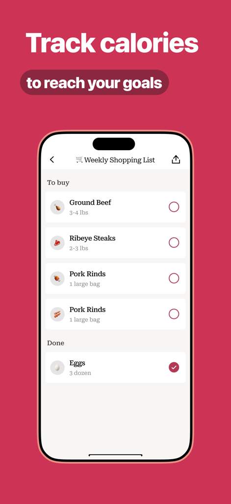PCOS Tracker App - Weekly shopping list in the PCOS Tracker App showing carnivore diet items like ground beef and ribeye steaks