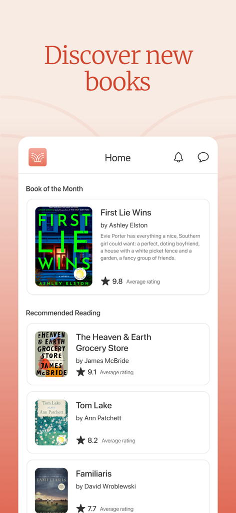 Screenshot of the Bookclubs app Home screen showing Book of the Month and recommended reading lists