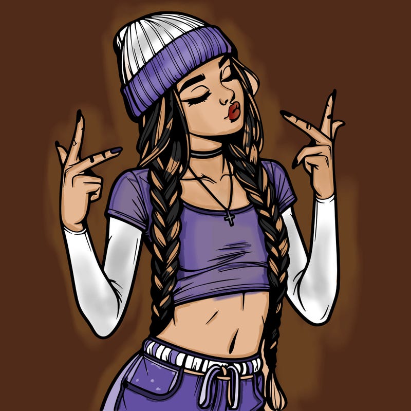 realistic teenage girl with braids and a beanie and crop top doing 🫶🏼