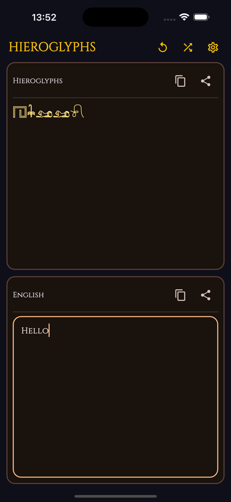 Interfaz de la aplicación Traductor de Jeroglíficos que muestra la palabra inglesa Hola traducida a jeroglíficos egipcios
