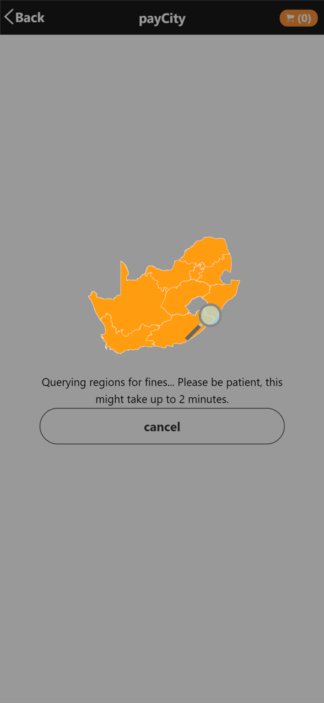 payCity - payCity App-Ladebildschirm, der Regionen auf ausstehende Verkehrsdelikte mit einer orangefarbenen Kartenillustration abfragt