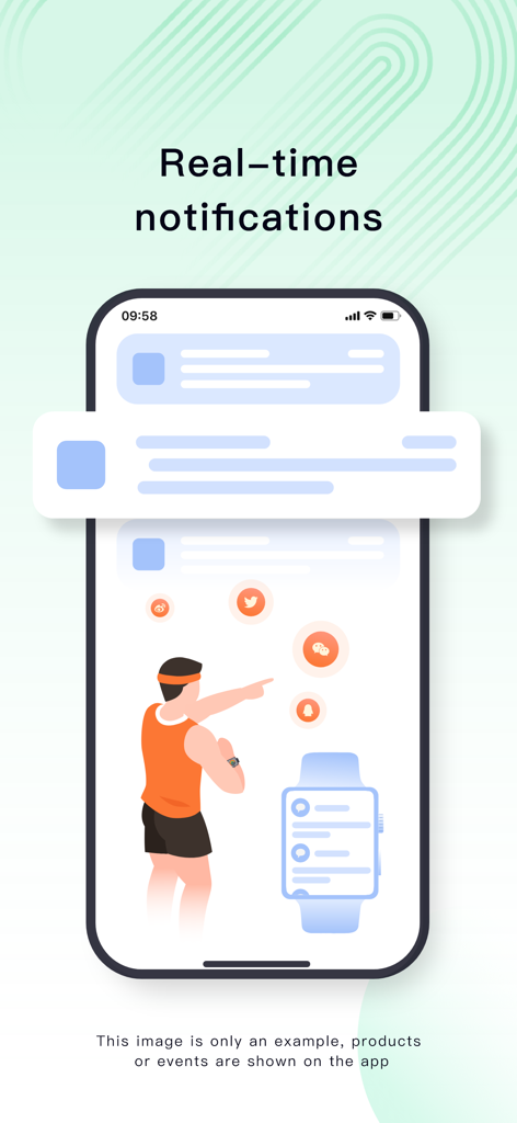 Lefun Health - Grafik, die Echtzeit-Benachrichtigungen für soziale Medien und Warnungen innerhalb der Lefun Health App auf Smartphones und Smartwatches zeigt.