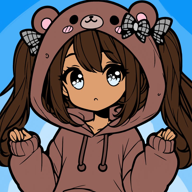 cute anime girl with ponytails and a cute bear hoodie