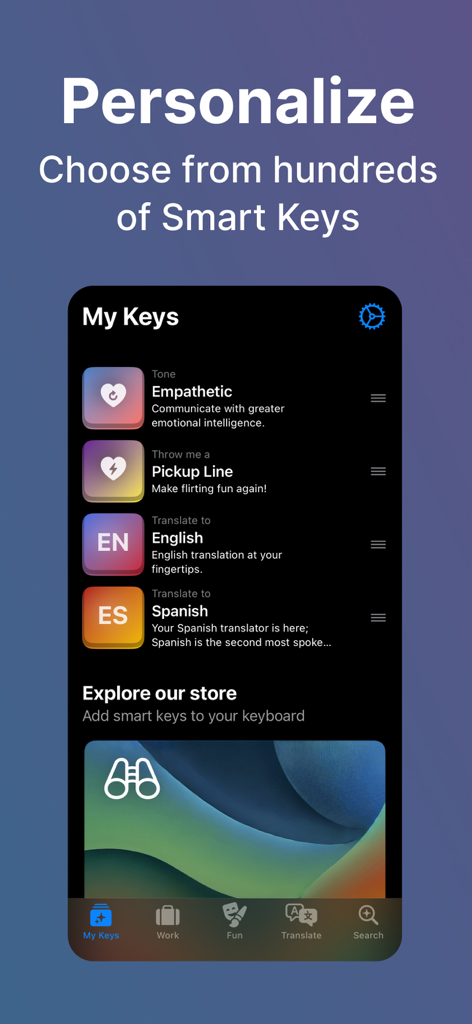 Interfaz de la aplicación Smart Keys que muestra una lista de teclas IA de escritura personalizables, que incluyen tono empático, frases para ligar y traductores de idiomas.