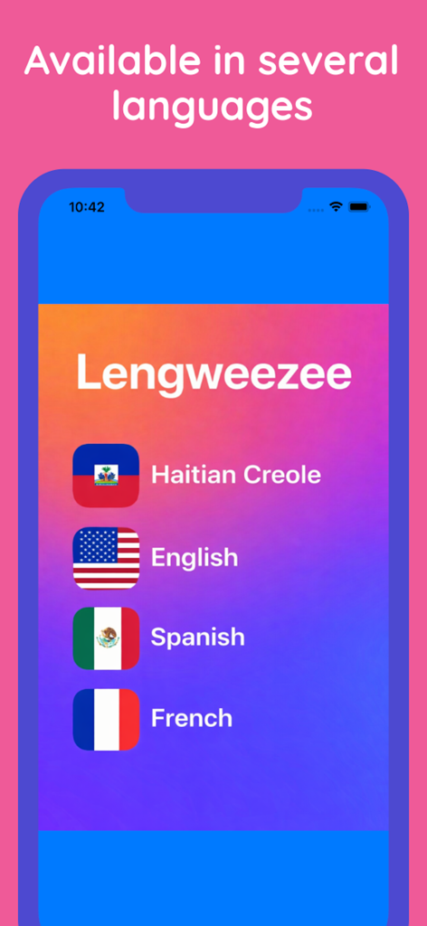 Haitian Creole with Lengweezee - Mobile app screen showing language courses for Haitian Creole English Spanish and French