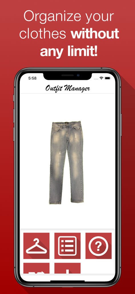 A mobile app interface showing a pair of jeans in a digital closet for wardrobe organization