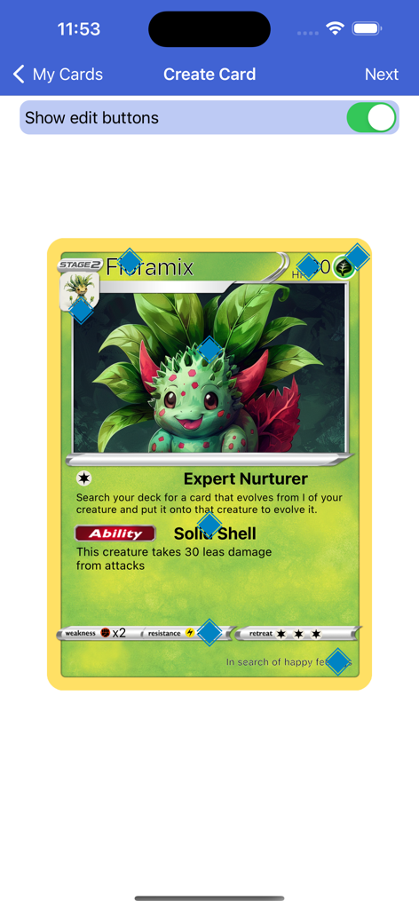 PokeCards TCG Card Maker Live - Interface of the PokeCards TCG Card Maker app showing a custom grass-type creature card named Floramix with editable text and stats