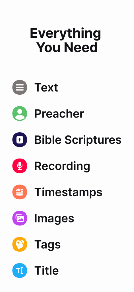 Spirit Notes - Christian Notes - List of Spirit Notes app features including text, preacher, Bible scriptures, recording, and timestamps