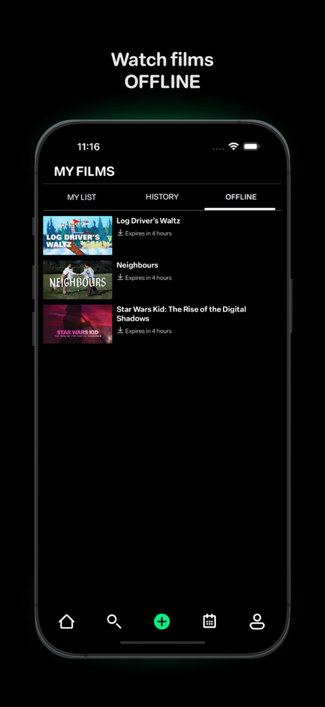 Interface of the NFB Films app showing a list of downloaded films for offline viewing