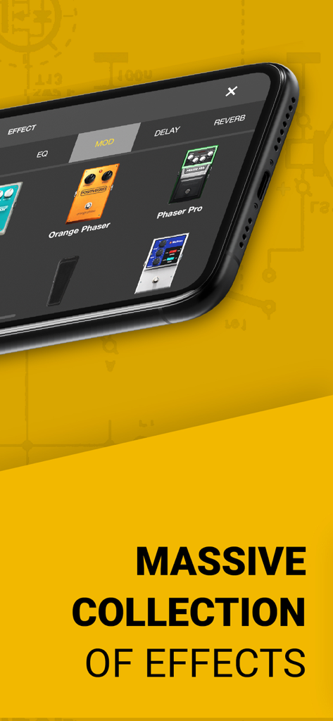 BIAS FX - Guitar Amp & Effects - Una gran colección de pedales de efectos de guitarra virtuales, incluyendo phasers, mostrada en la interfaz móvil de BIAS FX.
