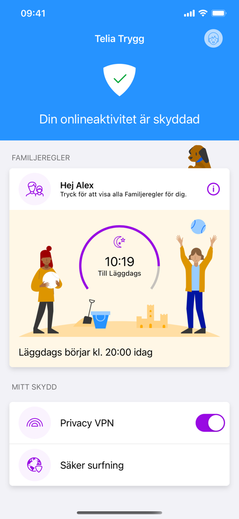 Telia Trygg - Telia Trygg mobile app dashboard showing family rules for screen time and privacy VPN protection settings.