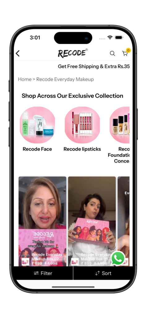 Recode Studios - Recode Studios mobile app interface displaying makeup categories like face products and lipsticks with influencer product videos